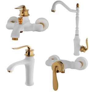 شیرآلات آویسا مدل بیوتی سفید طلایی ست 4 تیکه دارای 5 سال گارانتی طلایی